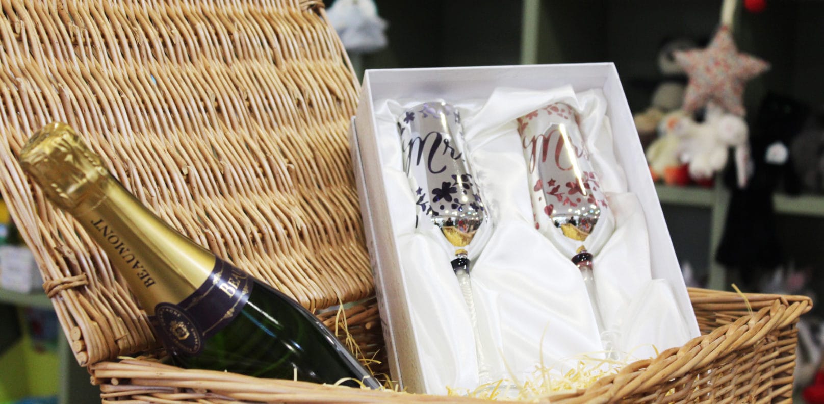 Champagne glasses and bottle from Pippin Gift Shop