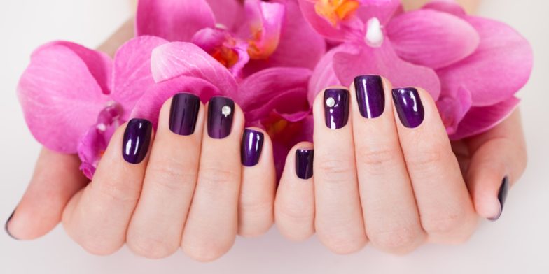 polished nails holding pink flowers
